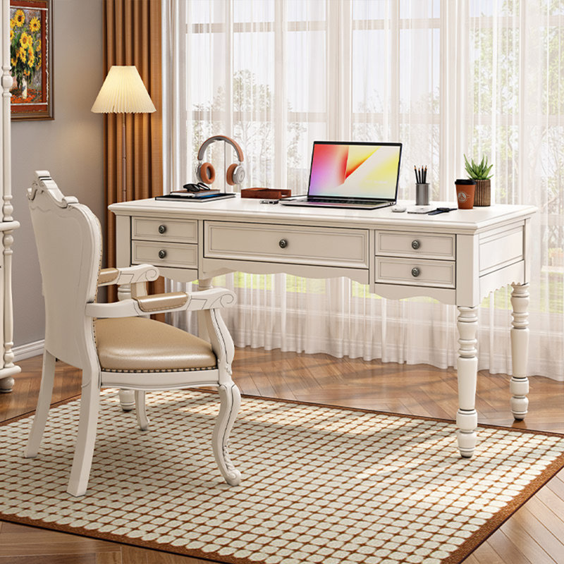DECADANZ Cream White Retro Rectangle Solid Wood Writing Desk And a Chair Set Wayfair